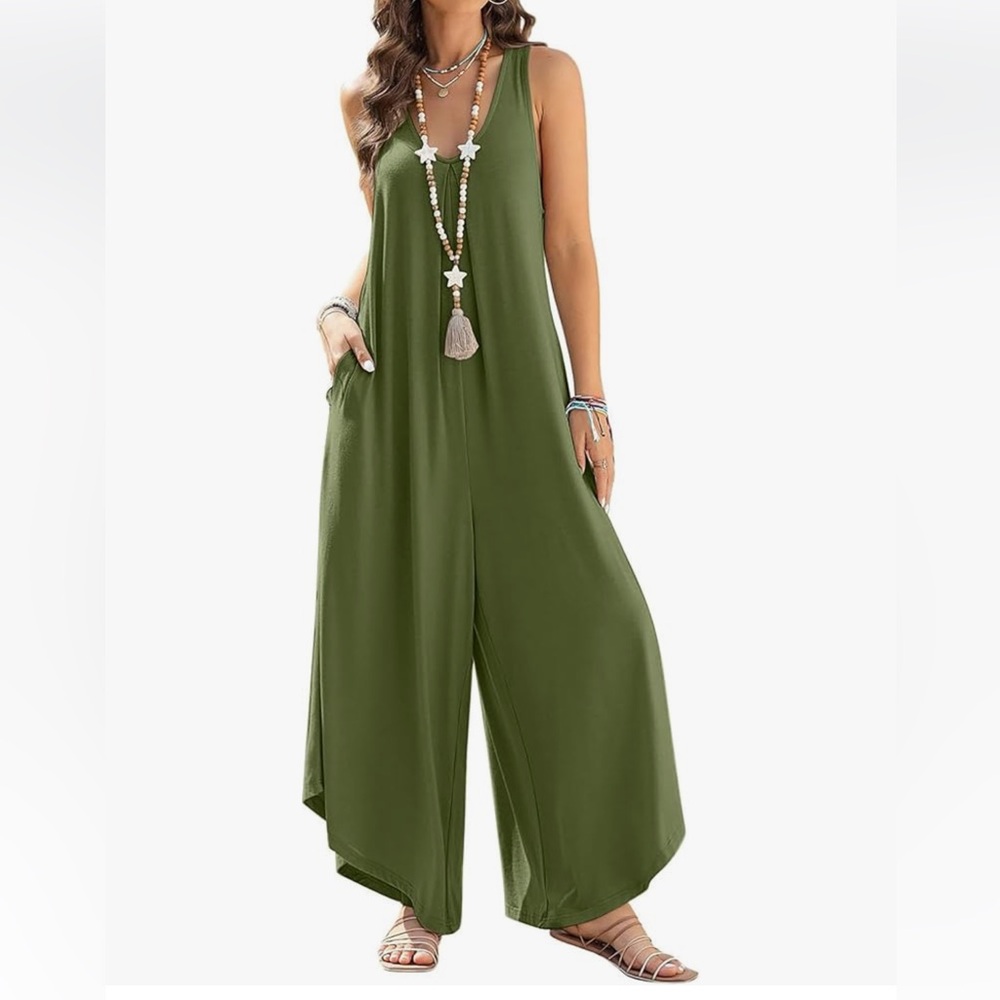 Womens Jumpsuit Loose Sleeveless Wide Asymmetric Leg V-Neck Green 3XL